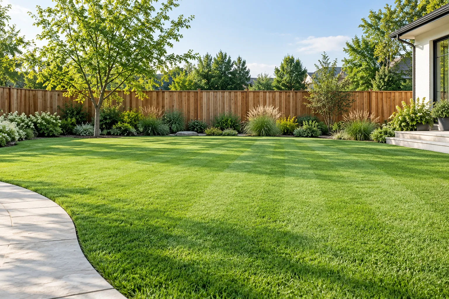 Open residential lawn with a curved pale stone path, a cedar fence, trees and the corner of a white house in clear morning light.